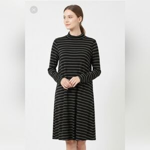 Ellos Dress Black Tan Striped Midi Turtleneck Shift Preppy Casual M